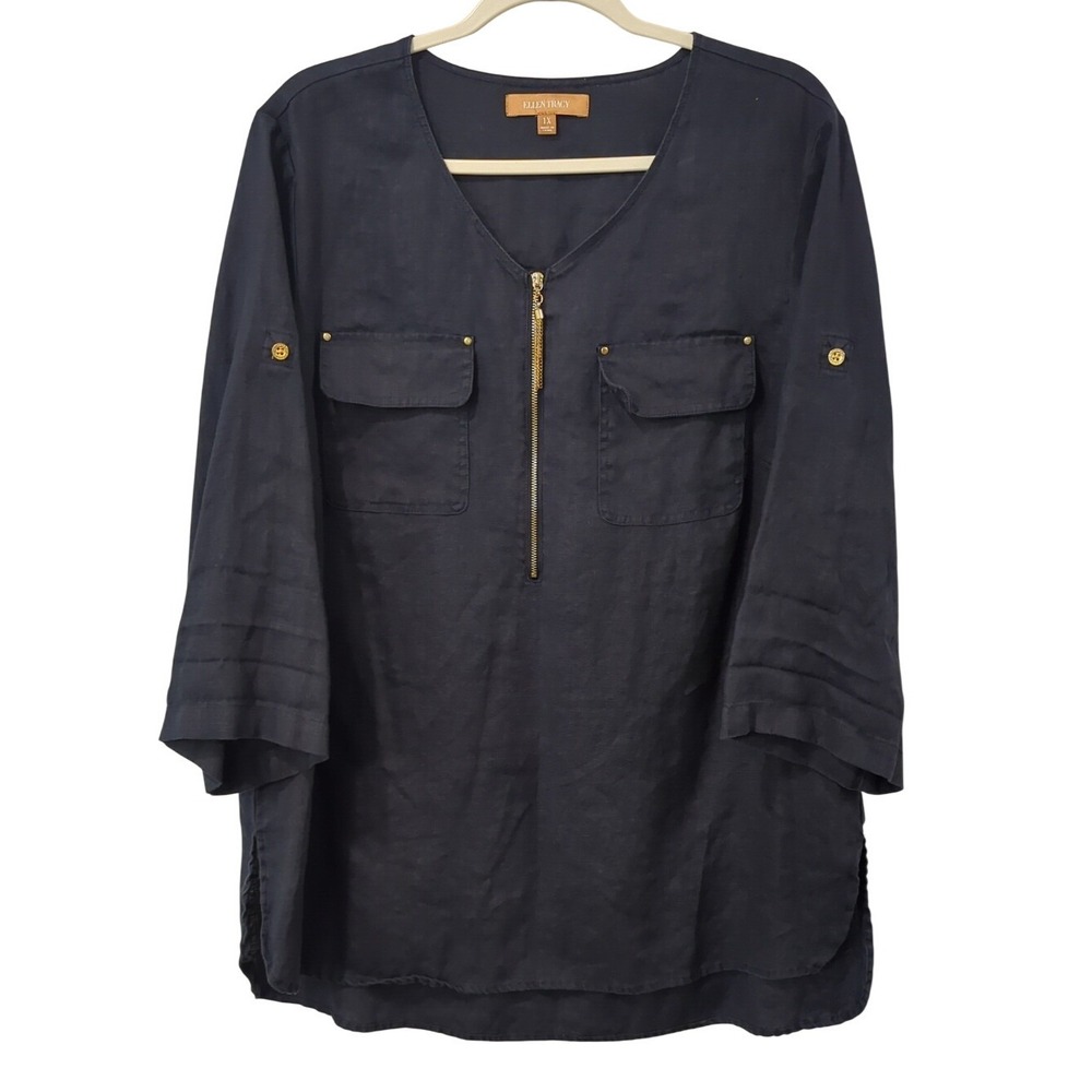 100% Linen Tunic Top Popover Blouse Navy size 1X 3/4 Sleeve